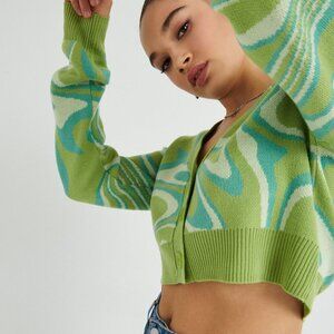 Garage Retro Patterned Cropped Relaxed Fit Cardigan - Medium in Green/Blue/Cream